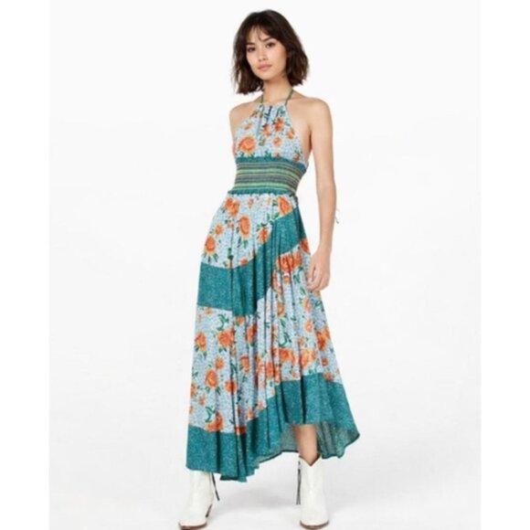 Free People Dresses & Skirts - NWT Free People Pleated Halter Sundress in Blue and Orange Midi Dress